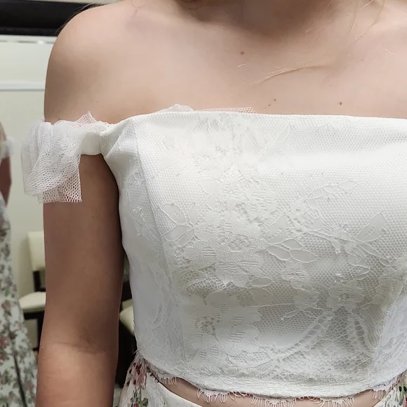 SIZE 8 white w/ pink & green floral 2 piece prom dress by Rachel Allan, no alter - Picture 11 of 13